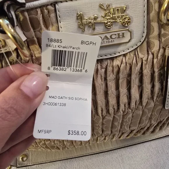 Coach 18885 NWT Madison Gathered Signature Fabric Sophia Satchel Purse Khaki NEW - Picture 6 of 15